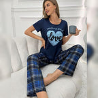 Navy Blue Love Check Style PJ Set