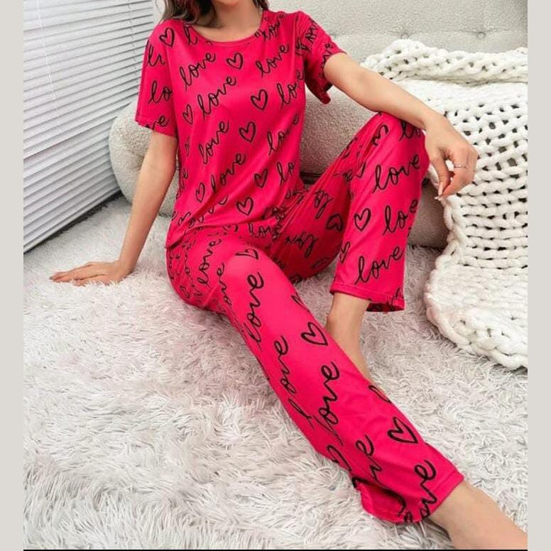 New Pink Love Hearts Love Printed Pajama Set
