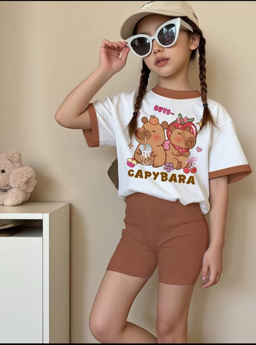 "CUTE~ CAPYBARA" Capybara Animal Print T-Shirt with Brown Shorts,