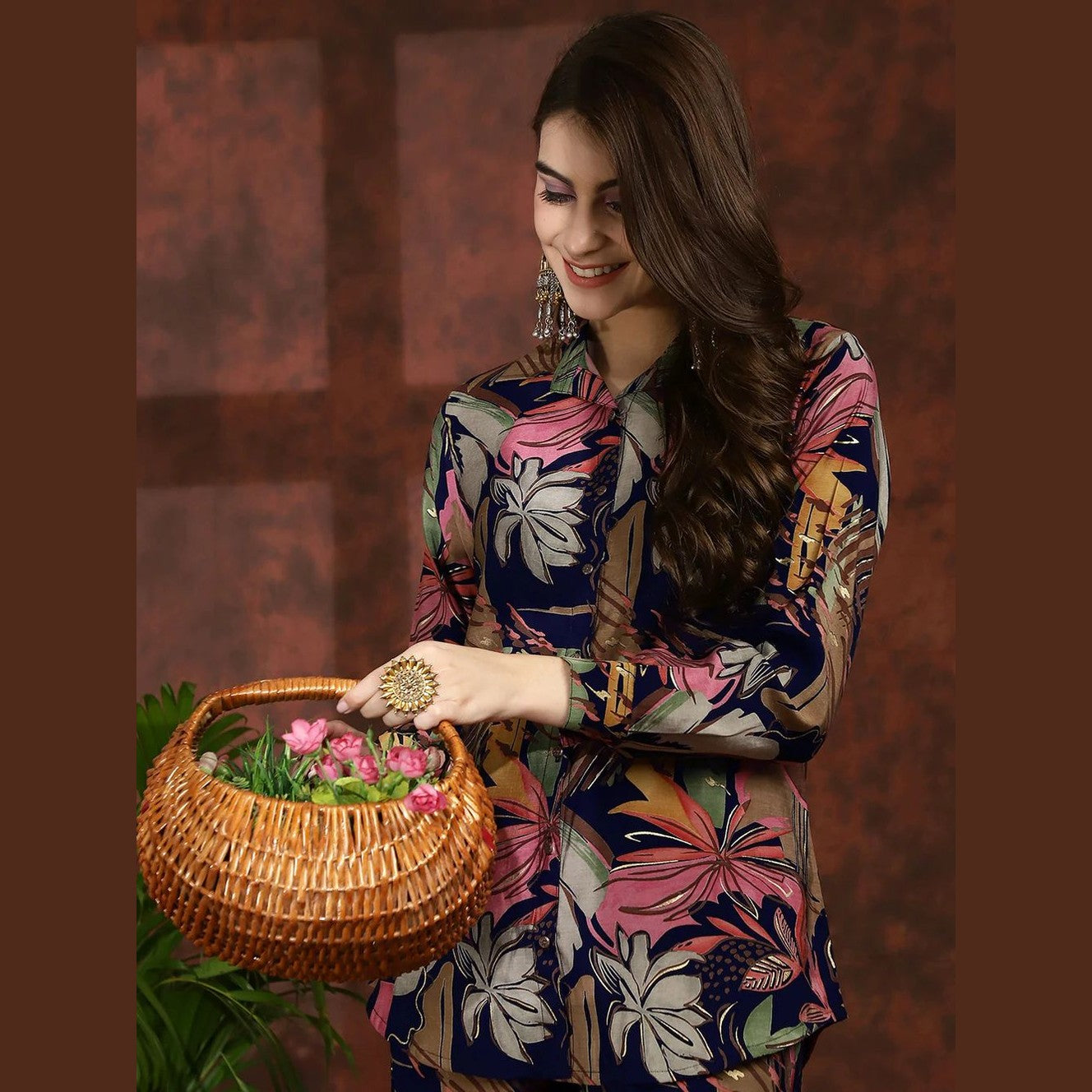 Floral Printed Shirt Collar Tunic with Trousers Co-Ord Set