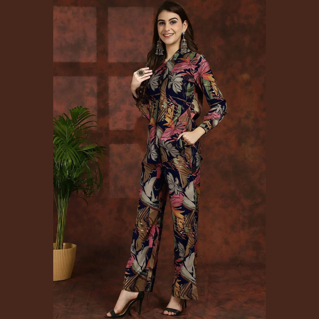 Floral Printed Shirt Collar Tunic with Trousers Co-Ord Set