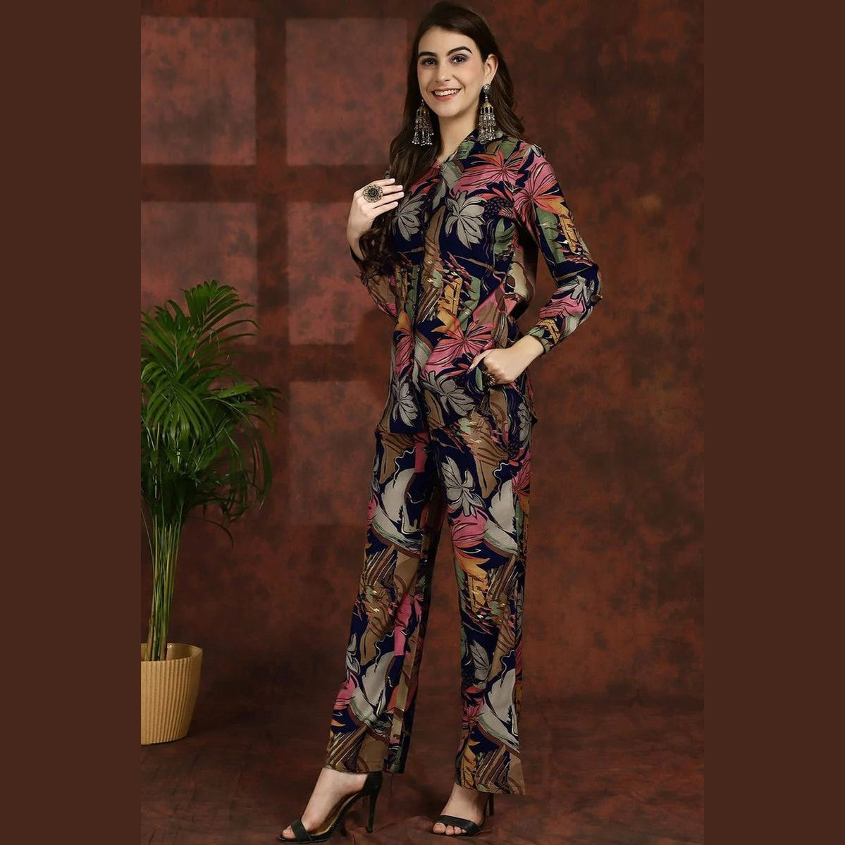Floral Printed Shirt Collar Tunic with Trousers Co-Ord Set