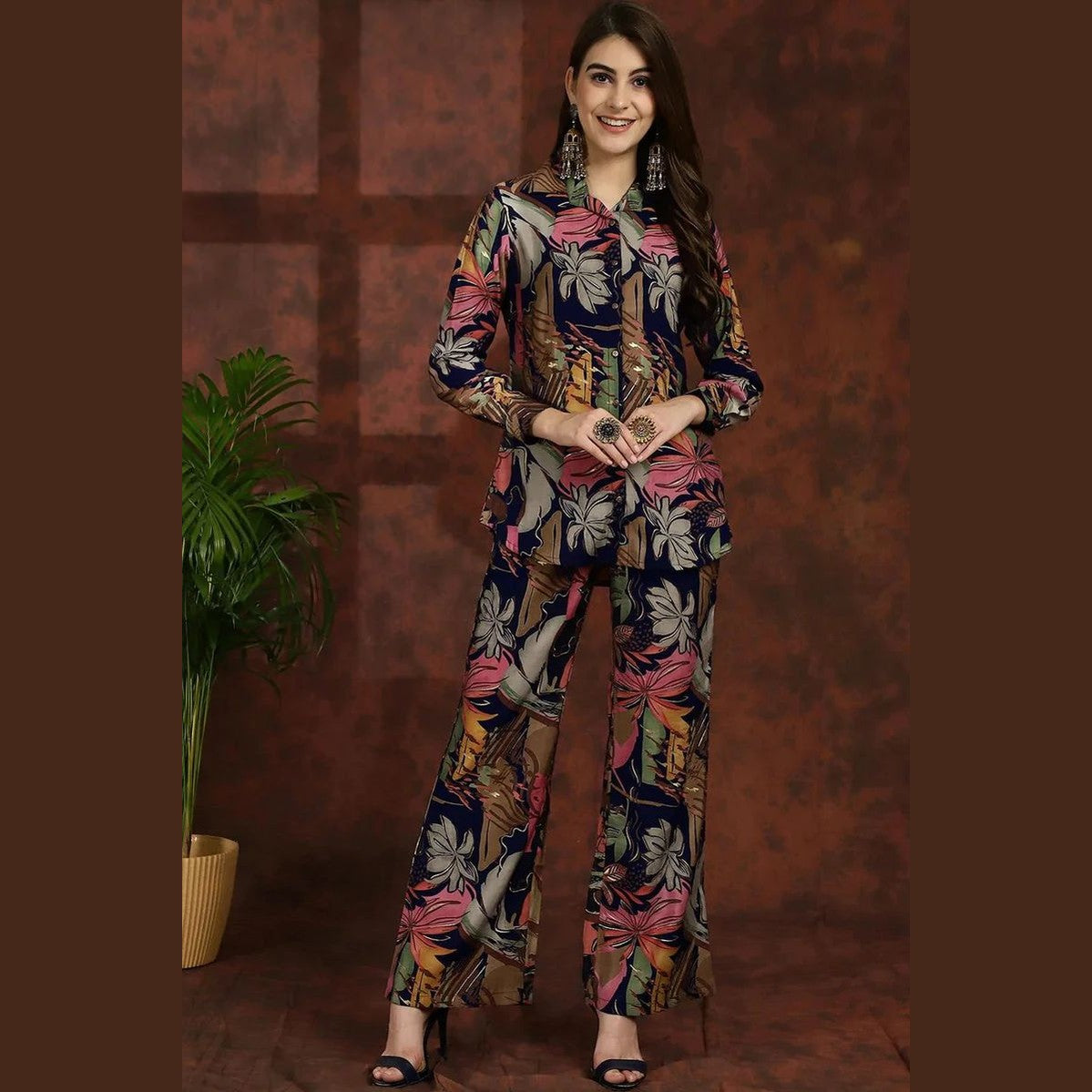 Floral Printed Shirt Collar Tunic with Trousers Co-Ord Set