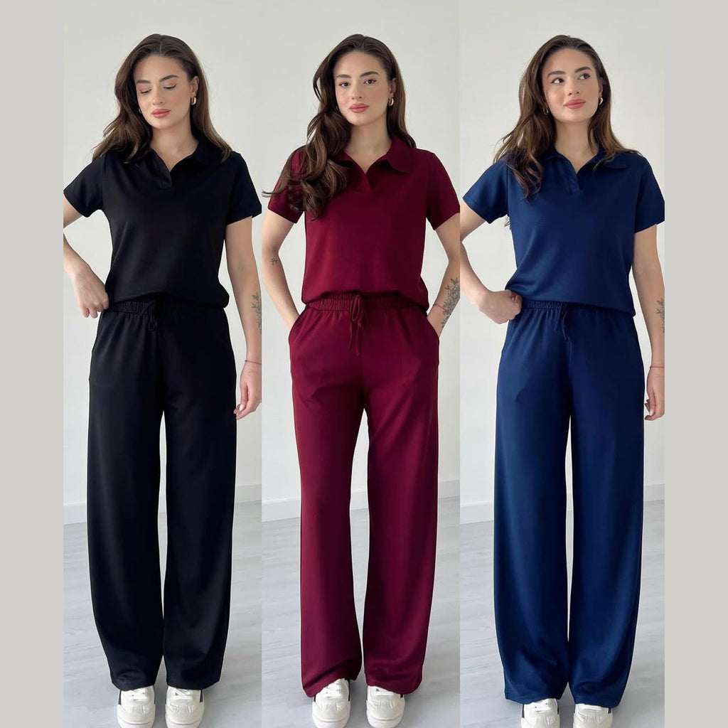 Summer Casual Women's Polo Collar Top & Trouser Set