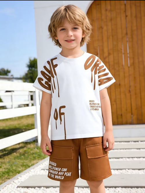 2pcs Boys' Fashion Summer Casual Cargo Pants and T-Shirt Set