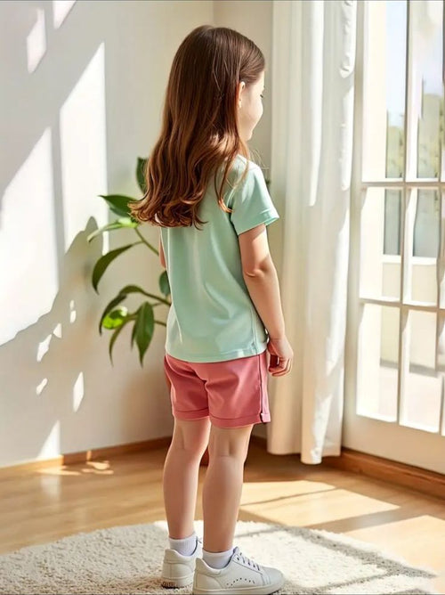 2pcs set of cartoon rainbow fun letter print top + pure color elastic waist shorts