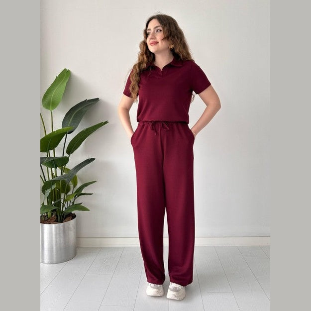 Summer Casual Women's Polo Collar Top & Trouser Set