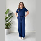 Summer Casual Women's Polo Collar Top & Trouser Set
