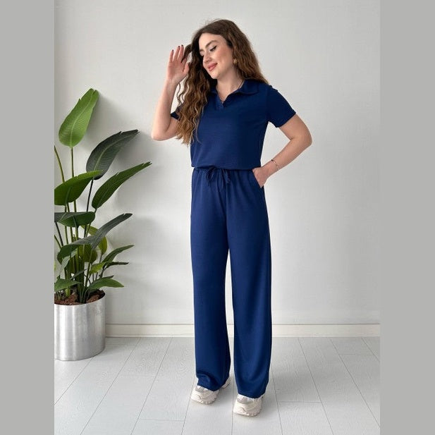 Summer Casual Women's Polo Collar Top & Trouser Set