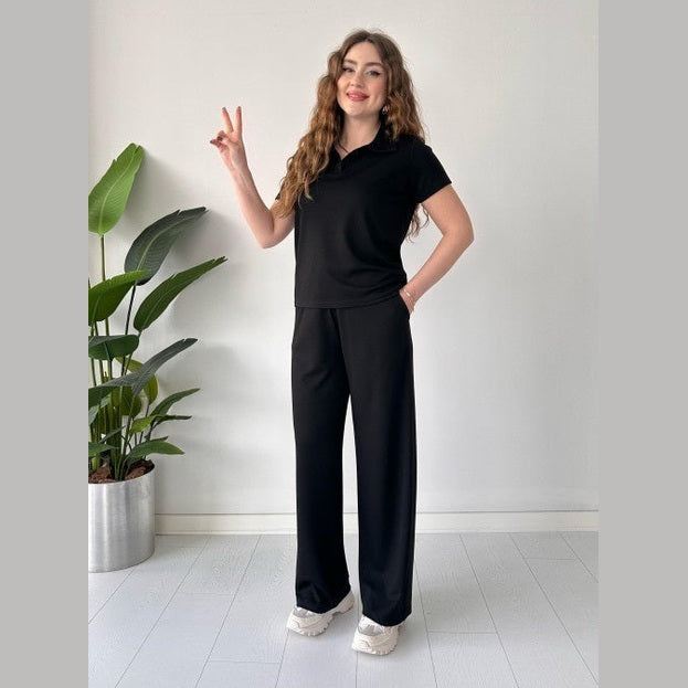 Summer Casual Women's Polo Collar Top & Trouser Set