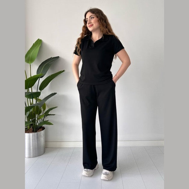 Summer Casual Women's Polo Collar Top & Trouser Set